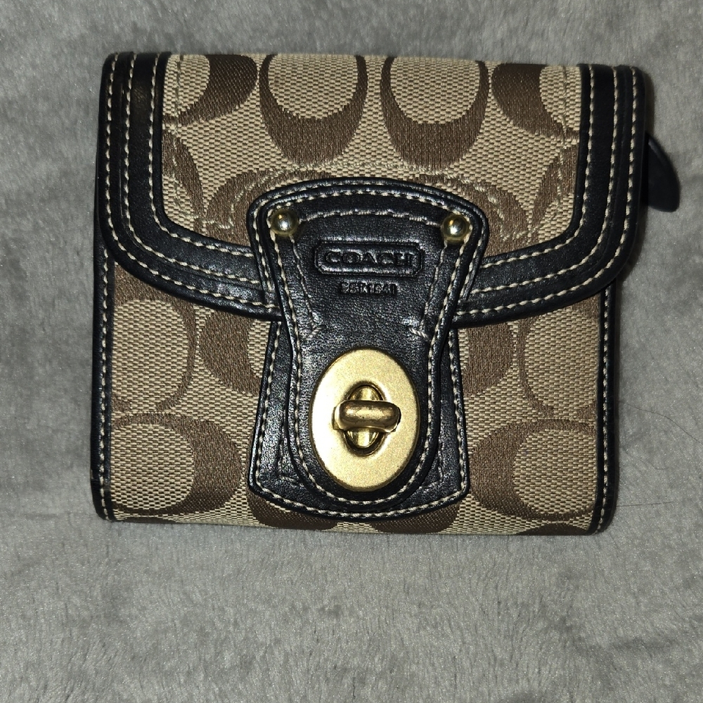 Coach Khaki and Brown Signature Turnlock Wallet with Black Trim